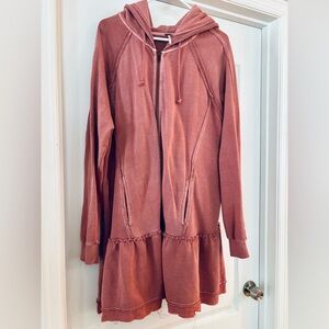 Free People Long Mauve Pink Hooded Ruffle Sweater Jacket. Size Small.